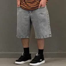 Bermuda Jeans Baggy Balão Oversized Estonada Cinza Masculina Feminina Moda Street Skate