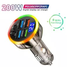 Carregador De Carro De 200W 6 Portas Carregamento Rápido Com Visor Digital PD QC3.0 USB C Adaptador De