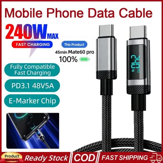 240W USB/Tipo-C Para Cabo De Dados Do Telefone Móvel Com Display Digital 5A Carregador De Carregamento Rápido Adequado M
