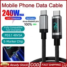 240W USB/Tipo-C Para Cabo De Dados Do Telefone Móvel Com Display Digital 5A Carregador De Carregamento Rápido Adequado M