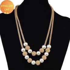 AYellowcat Elegante Feminino Camadas Duplas Malha Corrente Redonda Falso Pérola Bola Encantos Nelace Moda Jóias Presente