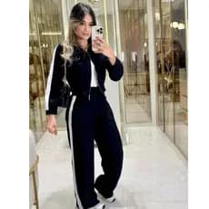 Conjunto Feminino Jaqueta Manga Longa e Calça Pantalona Duas Cores