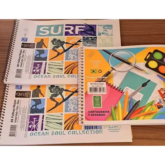 kit 3 cadernos de desenho cartografia 48 folhas sem pauta capa flexivel menino e menina tilibra
