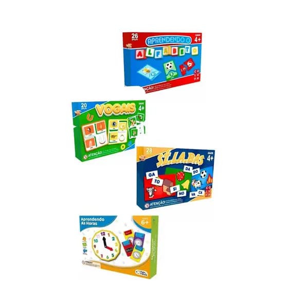 Kit brinquedo pedagógico 4 Jogos - Vogais + Sílabas + Aprendendo as horas + Alfabeto - Pais E Filhos