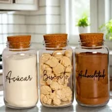 Kit Cantinho do Café - Achocolatado, Açúcar e Biscoitos | 3 Potes de Vidro 830ml com Tampa Rolha