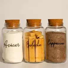 Kit Cantinho do Café - Cappuccino, Açúcar e Bolacha | 3 Potes de Vidro 830ml com Tampa Rolha