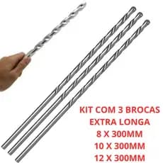 Kit Com 3 Brocas 30CM Videa Widea Longa Para Concreto Parede 8MM 10MM 12MM X 300MM Aço Extra Longa