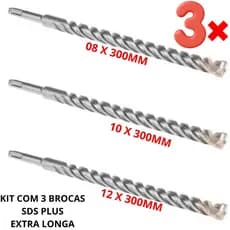 Fertak Jogo Kit Com 3 Brocas Extra Longa 8,10,12x300 SdsPlus Martelete