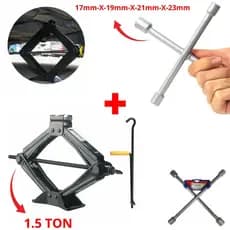 Chave de Roda Universal Estrela 17X19X21X23mm Grande Longa Reforçado  + Macaco Sanfona Mecanico