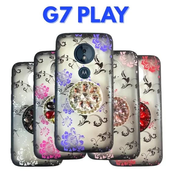 Capa Moto G7 Play Feminina Flor com Strass + Suporte Anel Brilho Anti Impacto