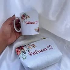 Caneca de Porcelana + Necessaire Personalizada Terracota Floral com Nome, presente, madrinha, casamento, lembrancinha, a