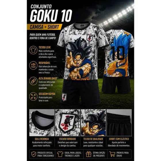 Conjunto Futebol Anime Goku camisa e bermuda 06 ao 14