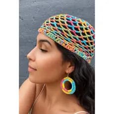 Touquinha de Crochê e Brincos Coloridos – Headpiece de Crochê Carnaval, Touca Praia Feita à Mão Fio Algodão