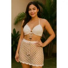 Conjunto de Crochê – Top Cropped e Saia, Verão Moda Praia, Biquini Saida de Praia Croch