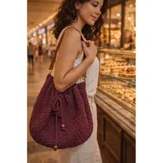 Bolsa de Crochê Bordô Maitê – Bolsa Vinho Estilo Boho Chic Feita à Mão Ecobag Bolsa Saco Bucket Bag