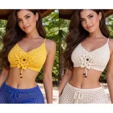 Top Cropped de Crochê Flor – Moda Praia Verão Carnaval, Biquíni de Crochê Feito à Mão