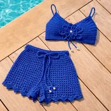 Conjunto de Crochê – Top Cropped e Short OU Saia, Moda Praia, Saida de Praia Biquini Crochê