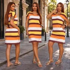 Vestido Curto Feminino Listrado Malha Fria Casual Verão