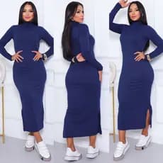 Vestido Longo Canelado Ribaninha Premium com Gola Alta e fenda – Elegância & Conforto inverno frio