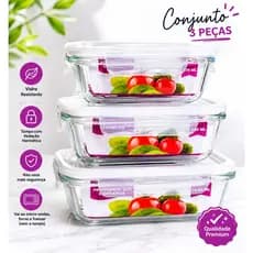Kit de 2 ou 3 Potes Herméticos de Vidro Premium com Tampa - Marmita, Freezer e Micro-ondas