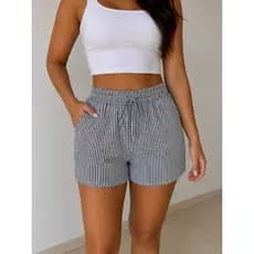 Short Feminino Duna Listrado Cintura Alta com Elástico e Cordão Casual Confortável