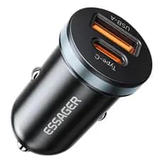 Carregador Veicular 12V/24V Essager 30W USB Tipo-C Preto com Carga Rápida Conexão USB-A e Tipo C