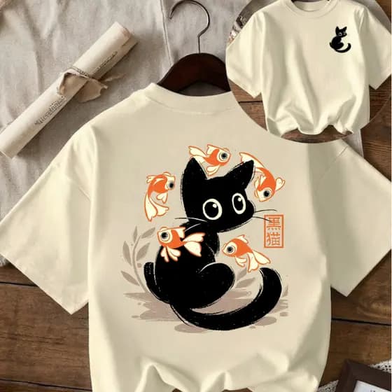 Camiseta Feminina Oversized Estampa Estilo StreetWear Gatinho Desenho Cat Fish 100% Algodão Premium