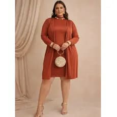 Conjunto Feminino Plus Size Canelado Kimono c/ Vestido Moda Modesta Evangélica Cristã
