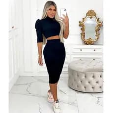 Conjunto Feminino Saia Midi com Cropped Manga Princesa Canelado 38 ao 42 Elegante