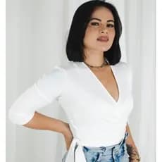 Blusa Cropped Plus Size Transpassada Decote V Manga 3/4 Canelada Amarrar Laís