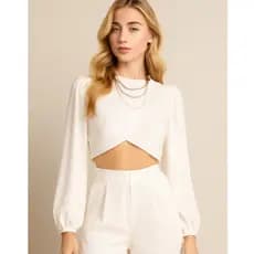 Blusa Cropped Feminina Crepe Alfaiataria Manga Longa Moda Blogueira Gringa Isis