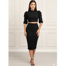 Conjunto Feminino Canelado Saia Midi Com Cropped Preto 38 ao 42 Moda Verão Elegante