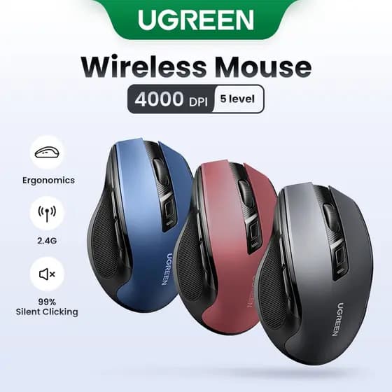 UGREEN Mouse Sem Fio  Bluetooth 5.0, 6 Botões Silenciosos 2.4G Com USB Mini Receptor  Nível DPI 5 Configuração 4000DPI