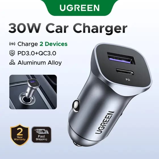 Carregador De Carro UGREEN 30W USB Tipo C Rápido QC 4.0 3.0 PD 20W PPS 25W Carregamento Para iPhone 14 13 12 Xiaomi