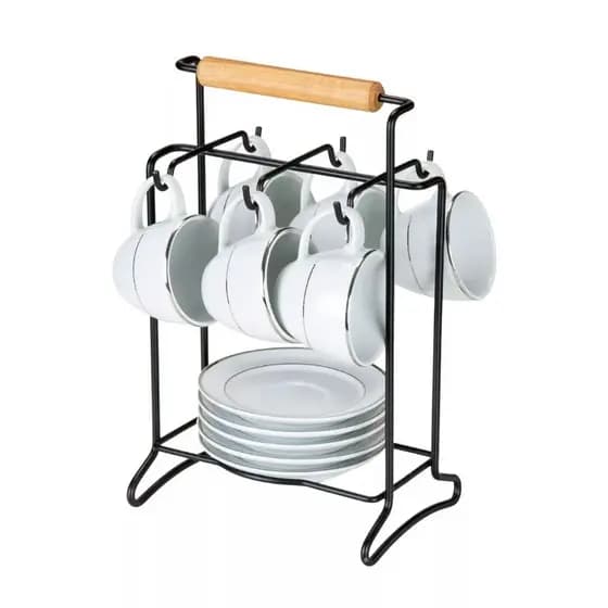 Porta 6 Xícaras Pires Chá Café Mesa Aço Bambu Preto Branco