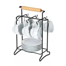 Porta 6 Xícaras Pires Chá Café Mesa Aço Bambu Preto Branco