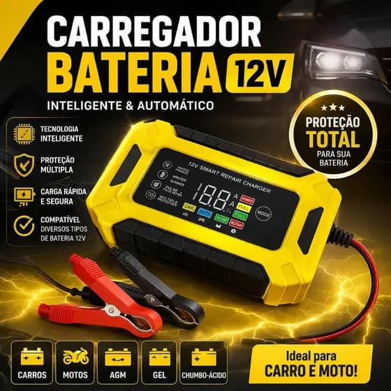 Carregador de Bateria 12V Inteligente Turbo Carro Moto Caminhão | Carga Rápida + Recuperador de Bateria