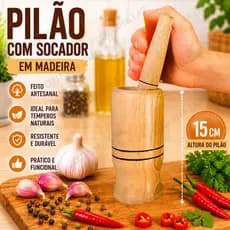 Pilão De Madeira 15cm Com Socador Amassador, Moedor Para Alho E Temperos| Cozinha Gourmet Caipirinha