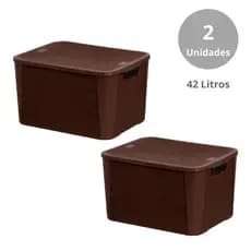 2 Caixa Organizadora Cesto Multiuso 42 Litros Preto Cinza Marrom Com Tampa Empilhavel Rattan