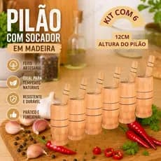 Kit 6 Pilão Madeira Socador Amassador Temperos Alho Atacado 12 cm