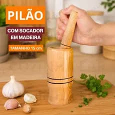 Pilão de Madeira Grande 15cm + Socador Macerador Moedor de Temperos e Especiarias Rústico