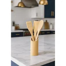 Kit Colher De Pau Utensílios Bambu 4 (3 talheres + suporte) Peças Anti Fungos Casa Cozinha Colheres