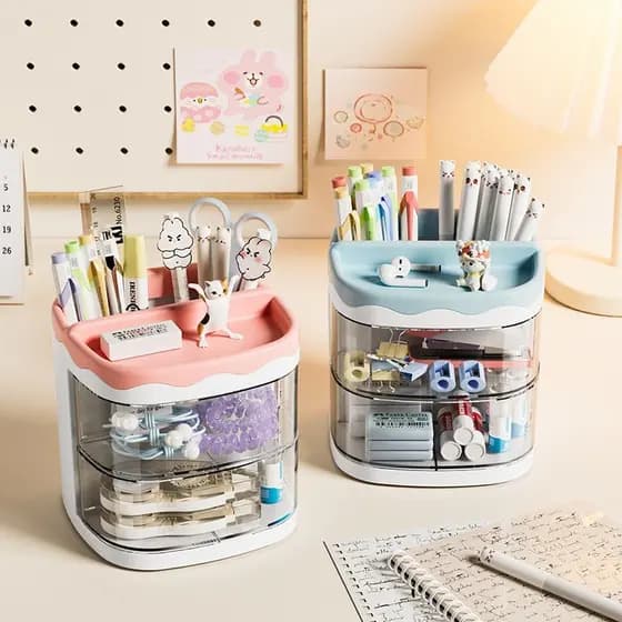 Porta Canetas E Lápis Organizador De Mesa Premium Com Divisórias E Mini Gaveta Prático
