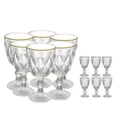 Kit 6 Taças Fio de Ouro Diamante De Vidro 340ml + 6 Taças Licor Fio De Ouro De Vidro Diamond 70ml