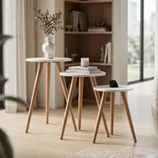 Trio Jogo De Mesas Laterais Redonda Pé Palito Mdf Madeira Decoração Sala Estilo Retrô