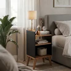 Mesa de Cabeceira Retrô Criado mudo Para Quarto Com Prateleira Nicho Decorativo Pés Palito Madeira Compacta LUNIM