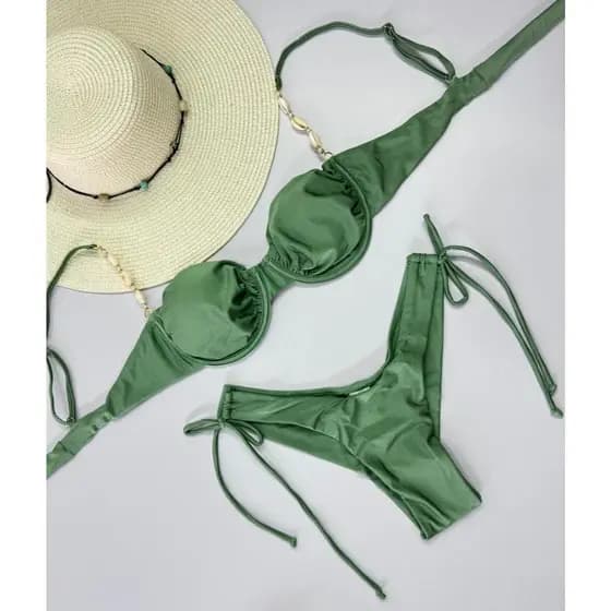 Biquíni Fio Duplo com Bojo Removível e Búzios – Moda Praia Verão Feminino P M G GG