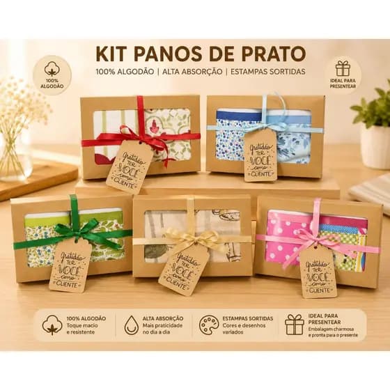Pano de Prato Estampado  com Caixa com 2 unidades para Presente
