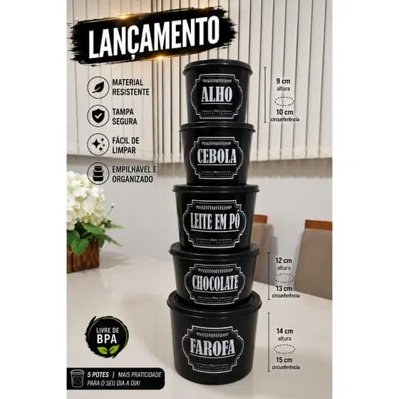 Kit Potes Mantimentos Herméticos Preto 5 Peças Organizador Cozinha BPA Free com Tampa