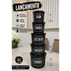 Kit Potes Mantimentos Herméticos Preto 5 Peças Organizador Cozinha BPA Free com Tampa